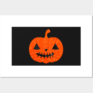 Bright Orange Faux Glitter Halloween Pumpkin Face Posters and Art